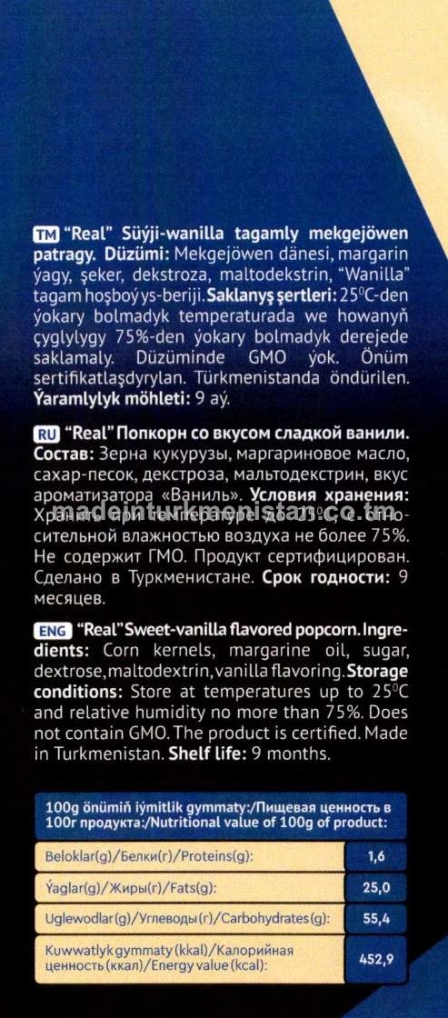 "Real" süýji-wanilla tagamly mekgejöwen patragy