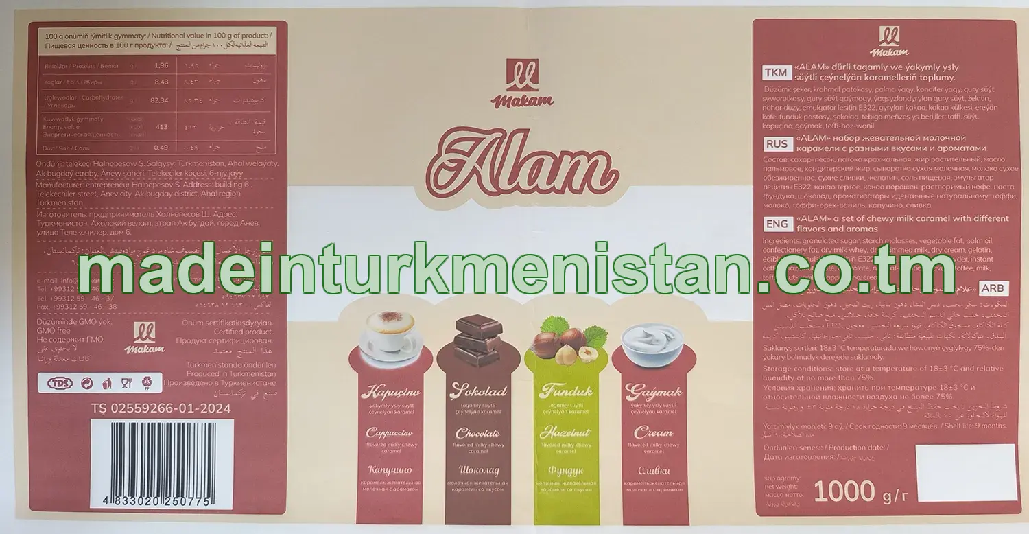 "Alam" dürli tagamly we ýakymly ysly süýtli çeýnelýän karamel toplumy (Kapuçino ýakymly ysly, Şokolad tagamly, Funduk tagamly, Gaýmak ýakymly ysly çeýnelýän karamel)