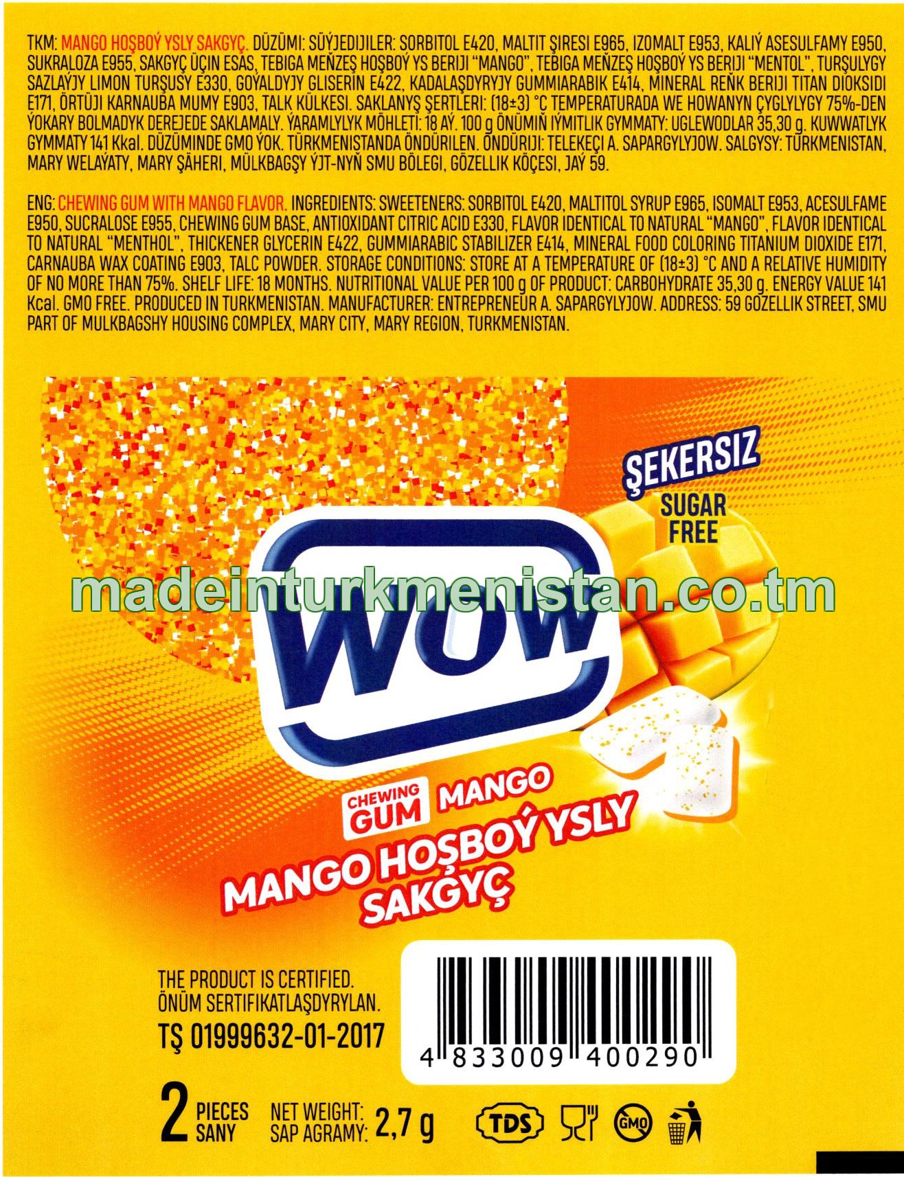 Chewing gum with mango flavor. Sugar free