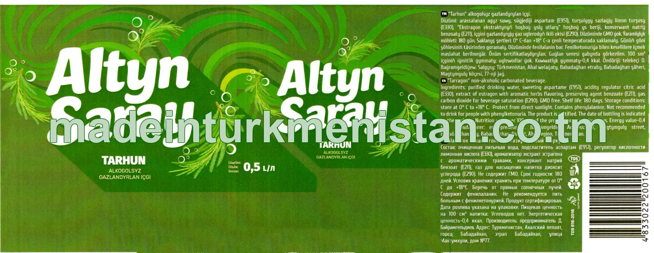 Tarhun alkogolsyz gazlandyrylan içgi 
