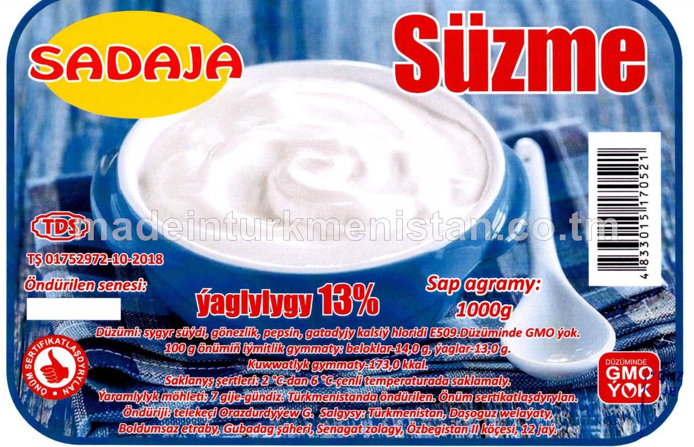 Süzme, ýaglylygy 13 %