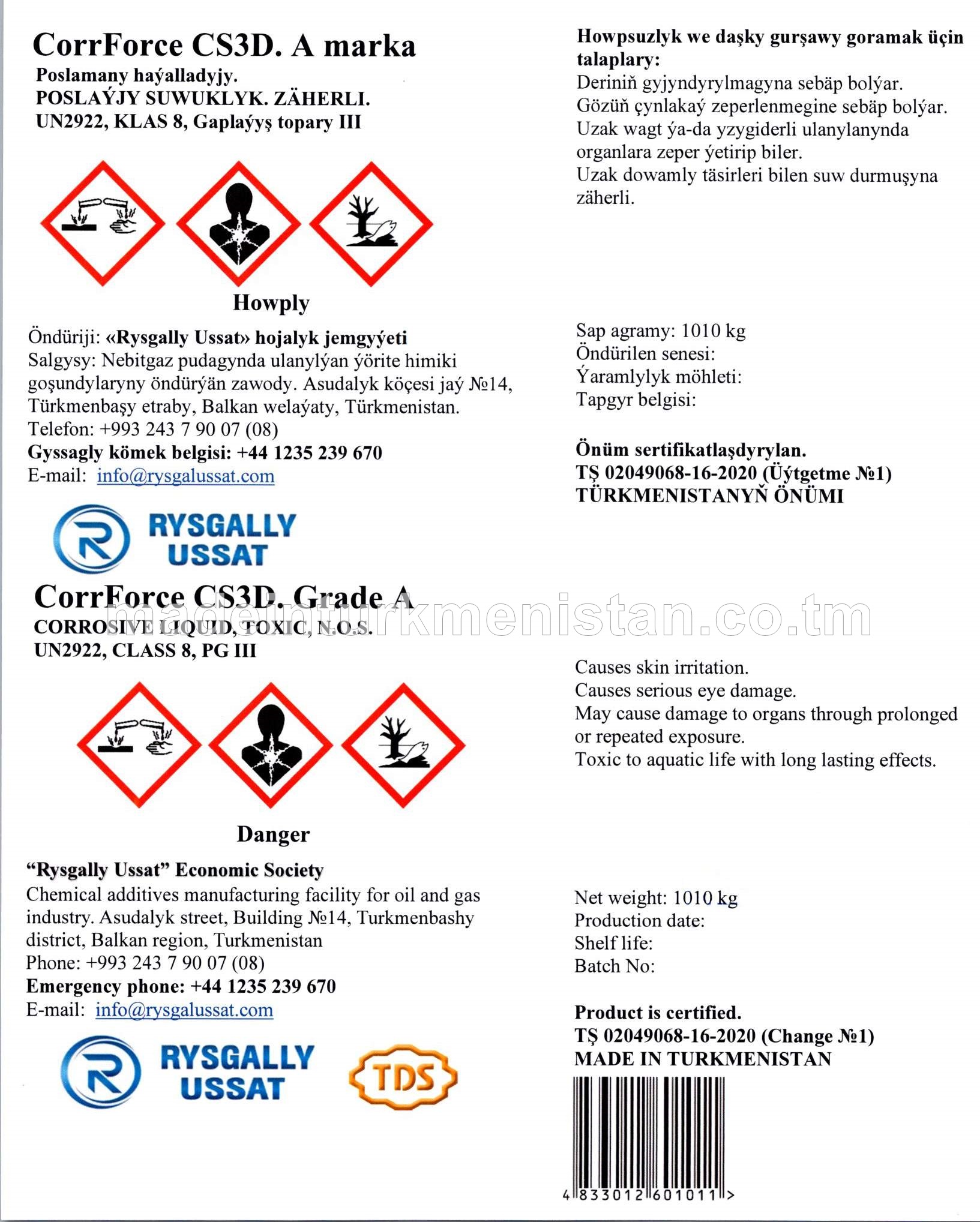 CorrForce CS3D. A marka. Poslamany haýalladyjy. POSLAÝJY SUWUKLYK. ZÄHERLI. UN2922, KLAS 8