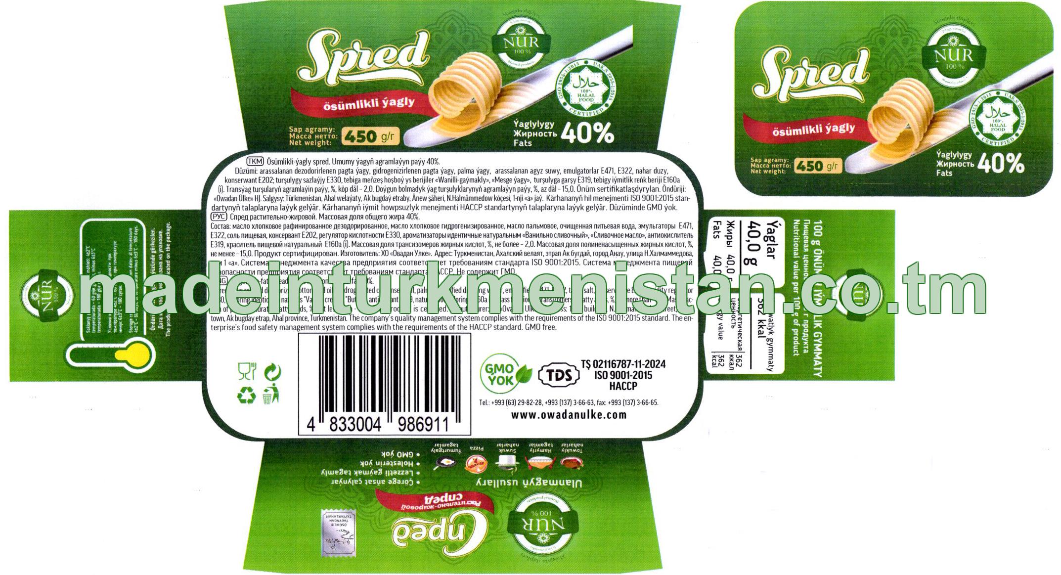 Ösümlikli-ýagly spred. Umumy ýagyň agramlaýyn paýy 40%