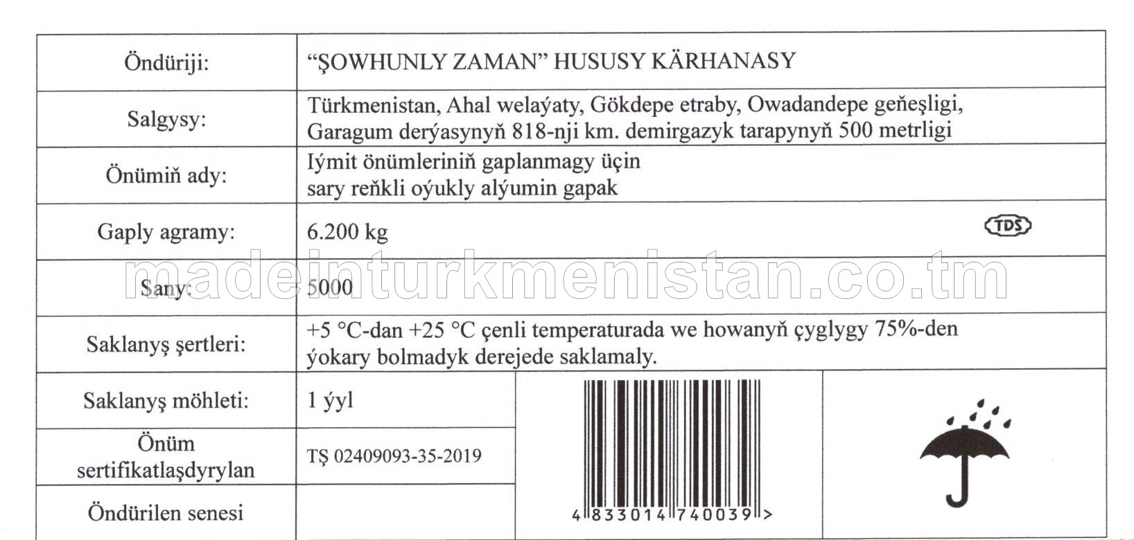 Iýmit önümleriniň gaplanylmagy üçin sary reňkli oýukly alýumin gapak