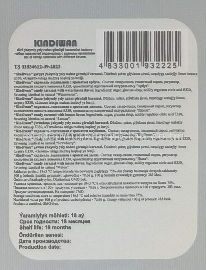 "Kindiwan" dürli ýakymly ysly nabat görnüşli karameller toplumy (garpyz, limon, ýertudana, gawun)