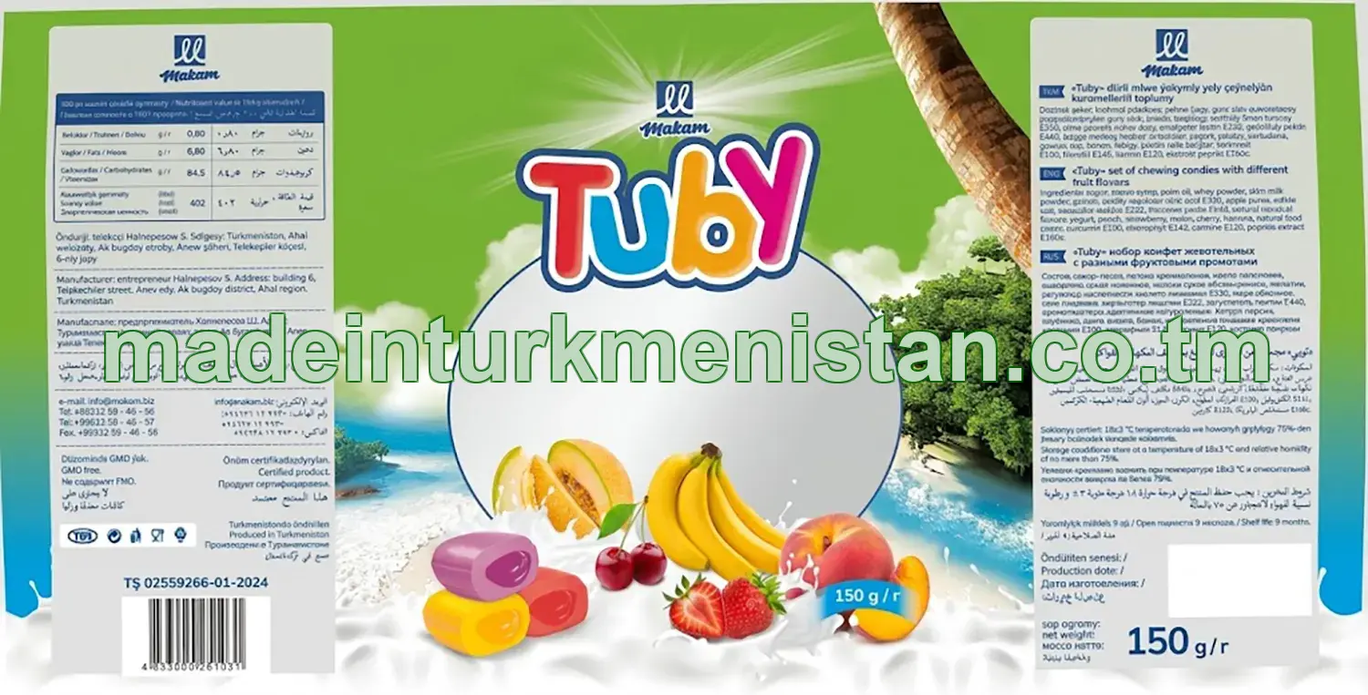 "Tuby" Dürli miwe ýakymly ysly çeýnelýän karamelleriň toplumy