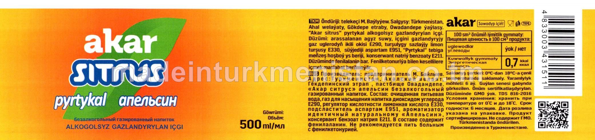 “Akar sitrus” pyrtykal alkogolsyz gazlandyrylan içgi