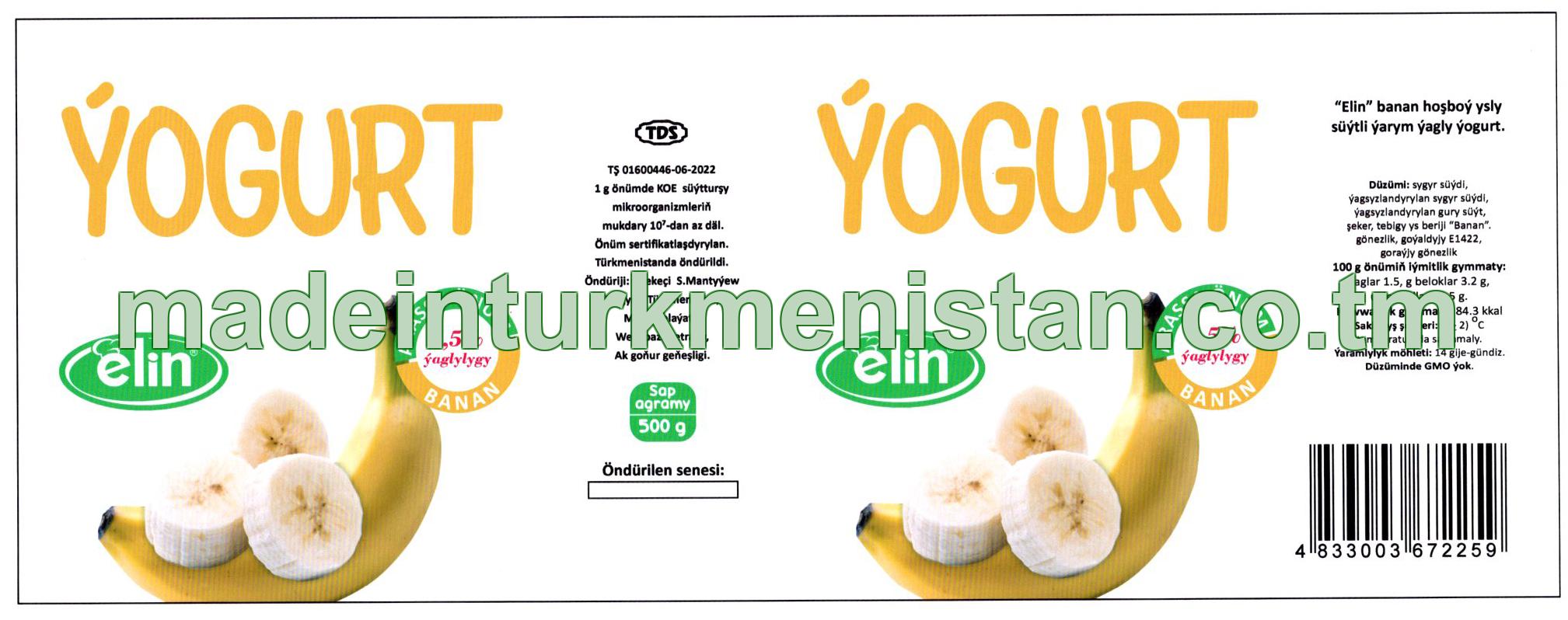 “Elin” banan hoşboý ysly süýtli ýarym ýagly ýogurt