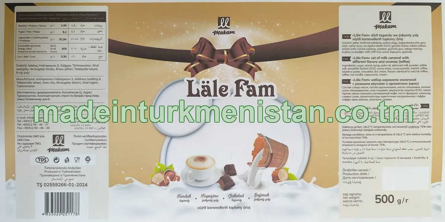 "Läle Fam" dürli tagamly we ýakymly ysly süýtli karamelleriň toplumy (iris) (funduk tagamly, kapuçino ýakymly ysly, şokolad tagamly, gaýmak tagamly)