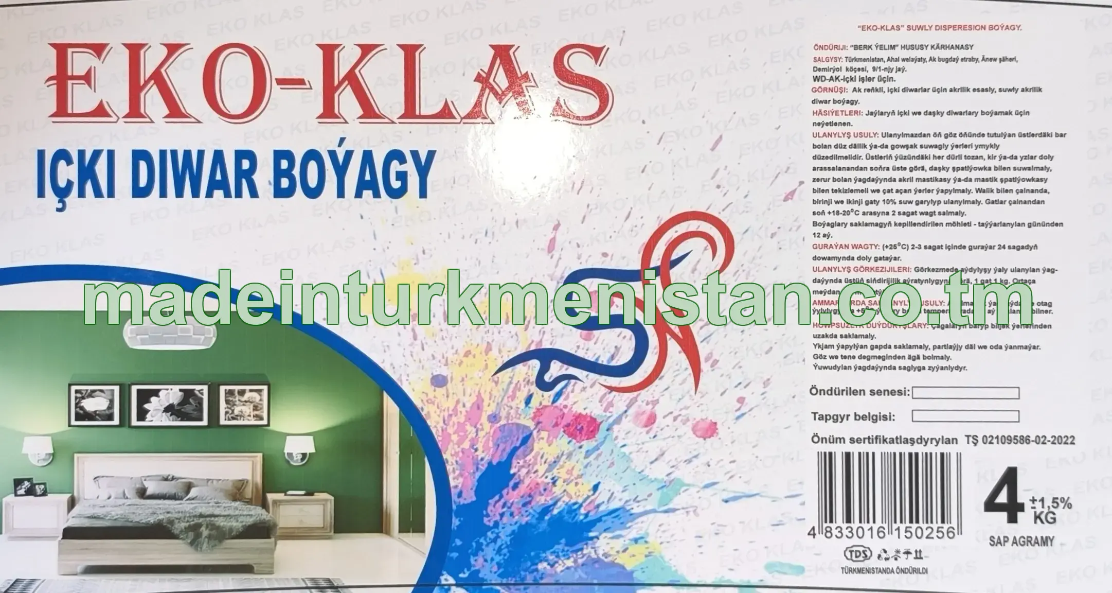 "Eko-Klas" suwly dispersion boýagy, ak reňkli, WD-AK (içki diwar boýagy)
