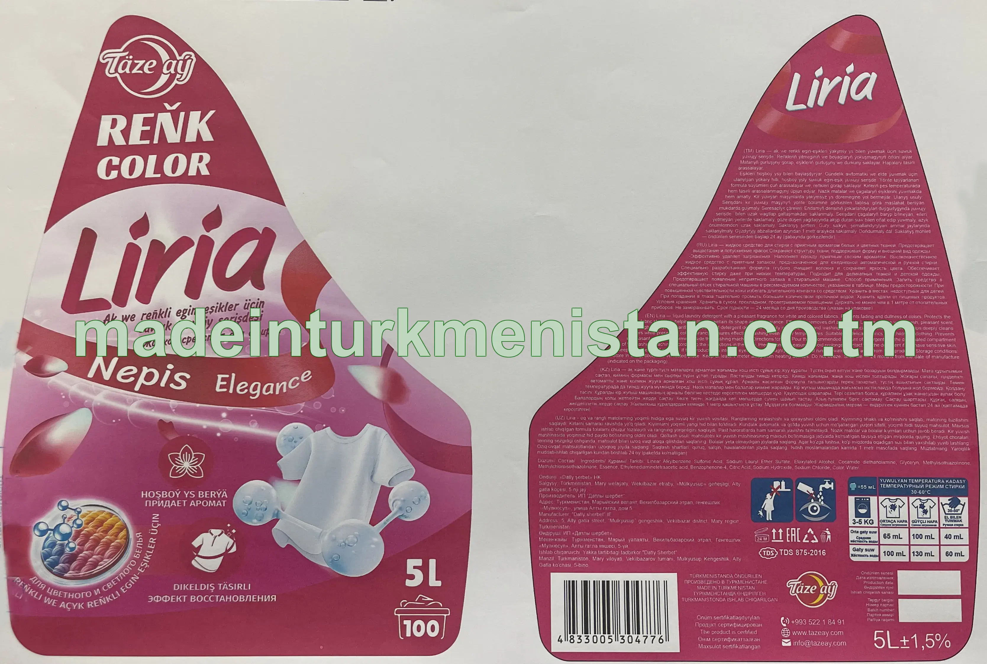 "Liria" ak we reňkli egin-eşikler üçin suwuk ýuwujy serişdesi - Nepis Elegance