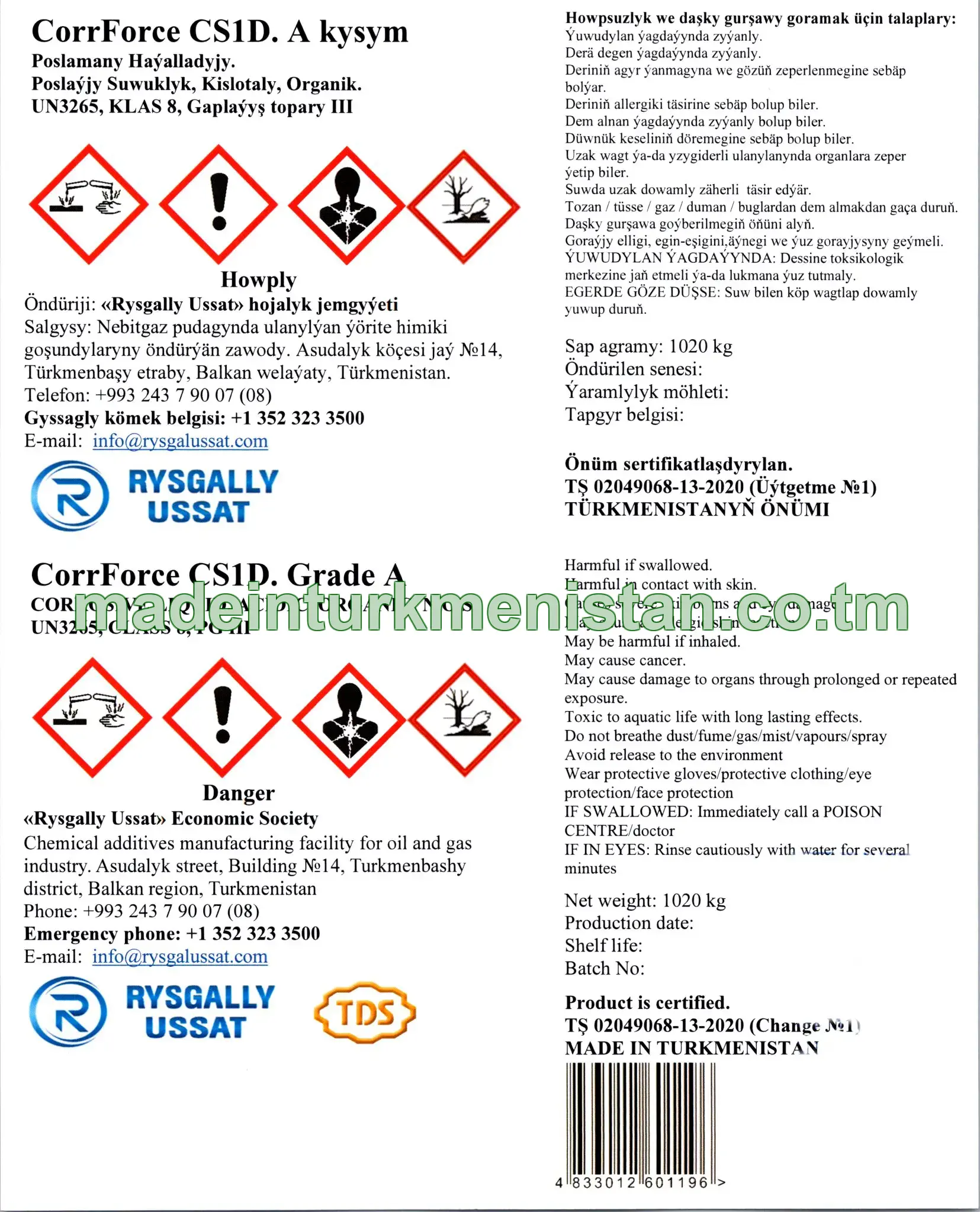 CorrForce CS1D. A kysym. Poslamany Haýalladyjy. Poslaýjy Suwuklyk, Kislotaly, Organik, UN3264, Klas 8, Gaplaýyş topary III