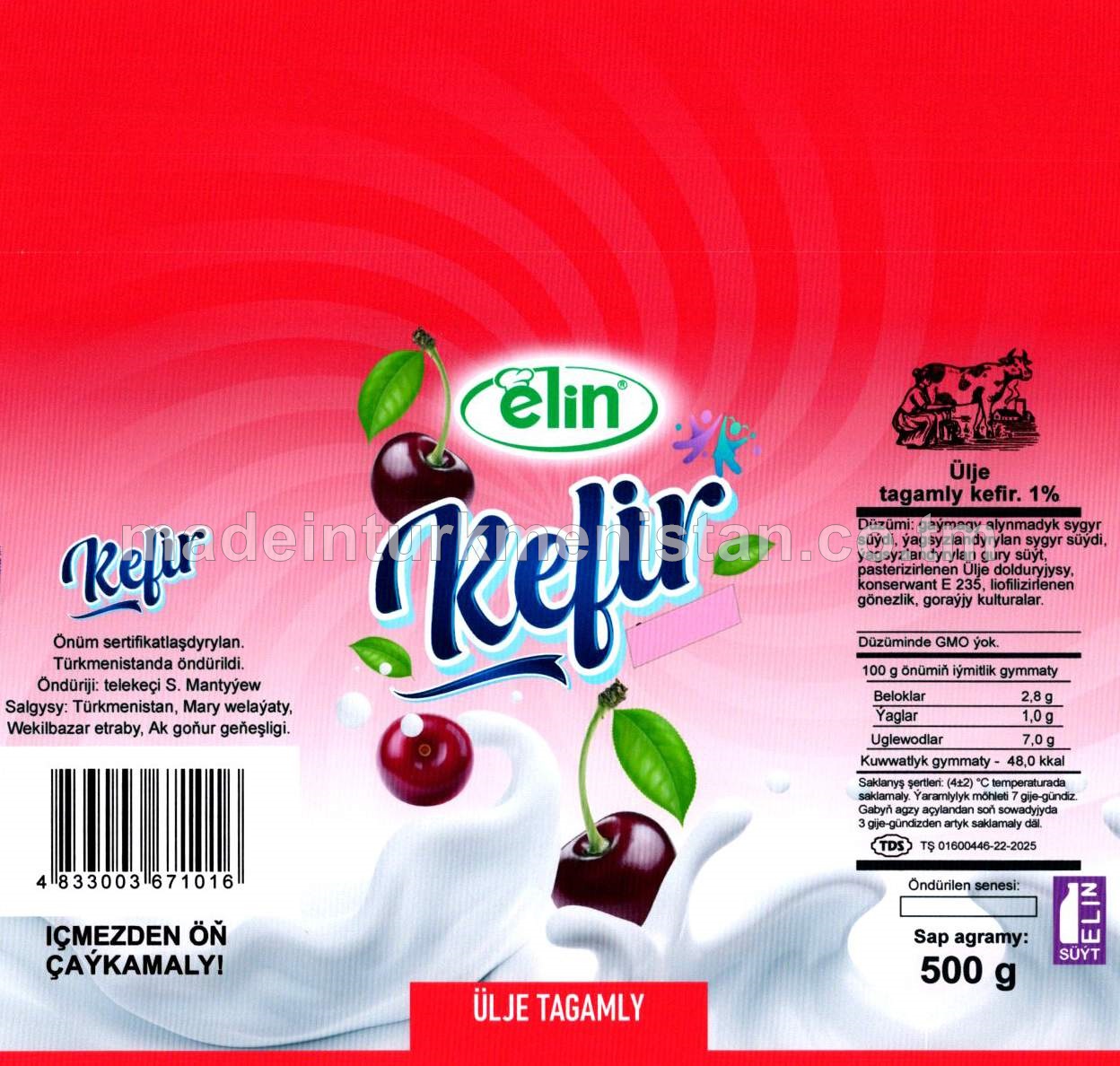 Ülje tagamly kefir. Ýaglylygy 1%