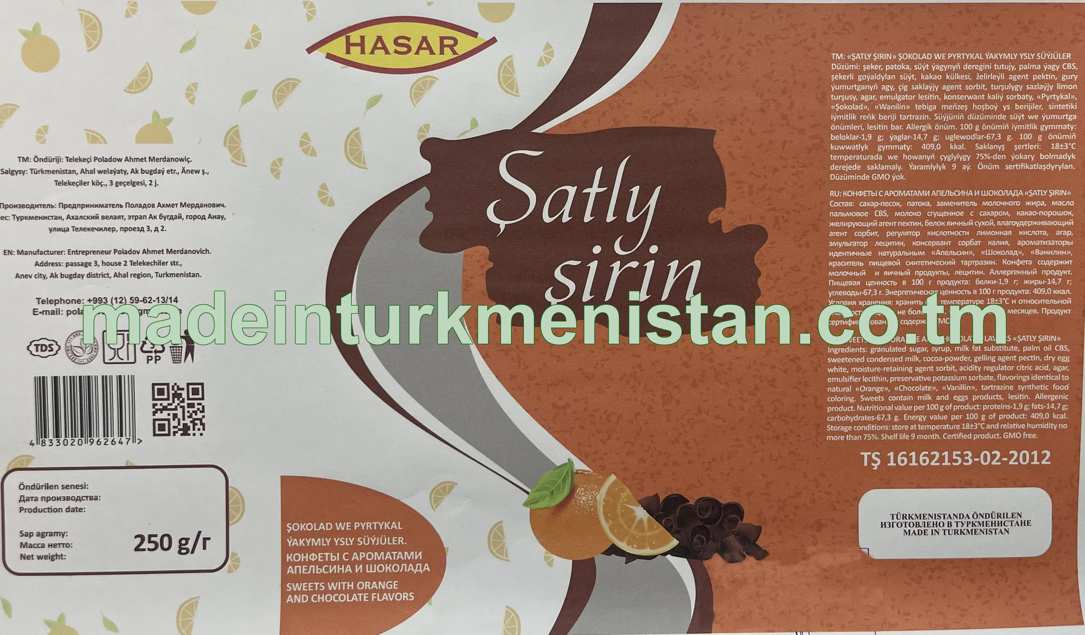 "ŞATLY ŞIRIN" şokolad we pyrtykal ýakymly ysly süýjüler
