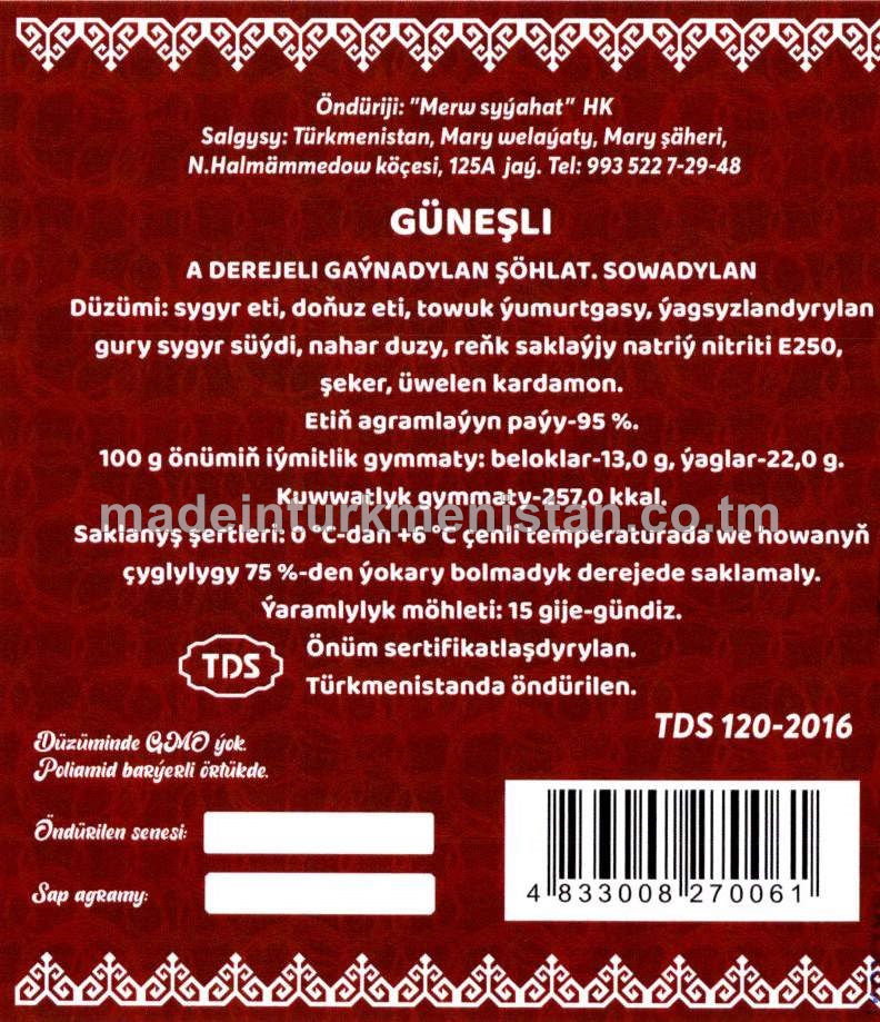 "GÜNEŞLI" A DEREJELI GAÝNADYLAN ŞÖHLAT. SOWADYLAN