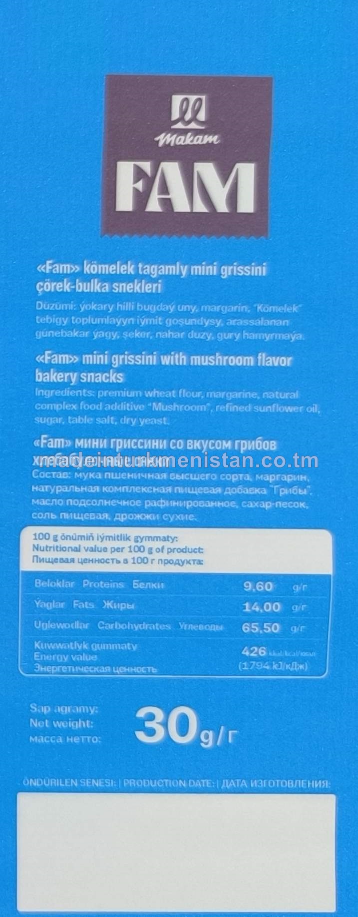 "Fam" kömelek tagamly mini grissini çörek-bulka snekleri. Ýokary hilli bugdaý unundan