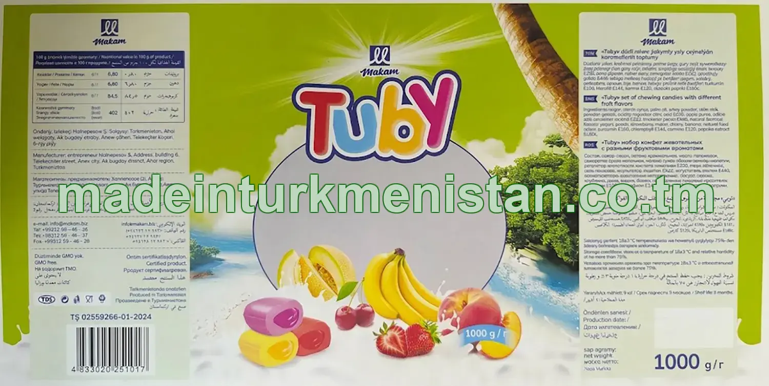 "Tuby" Dürli miwe ýakymly ysly çeýnelýän karamelleriň toplumy