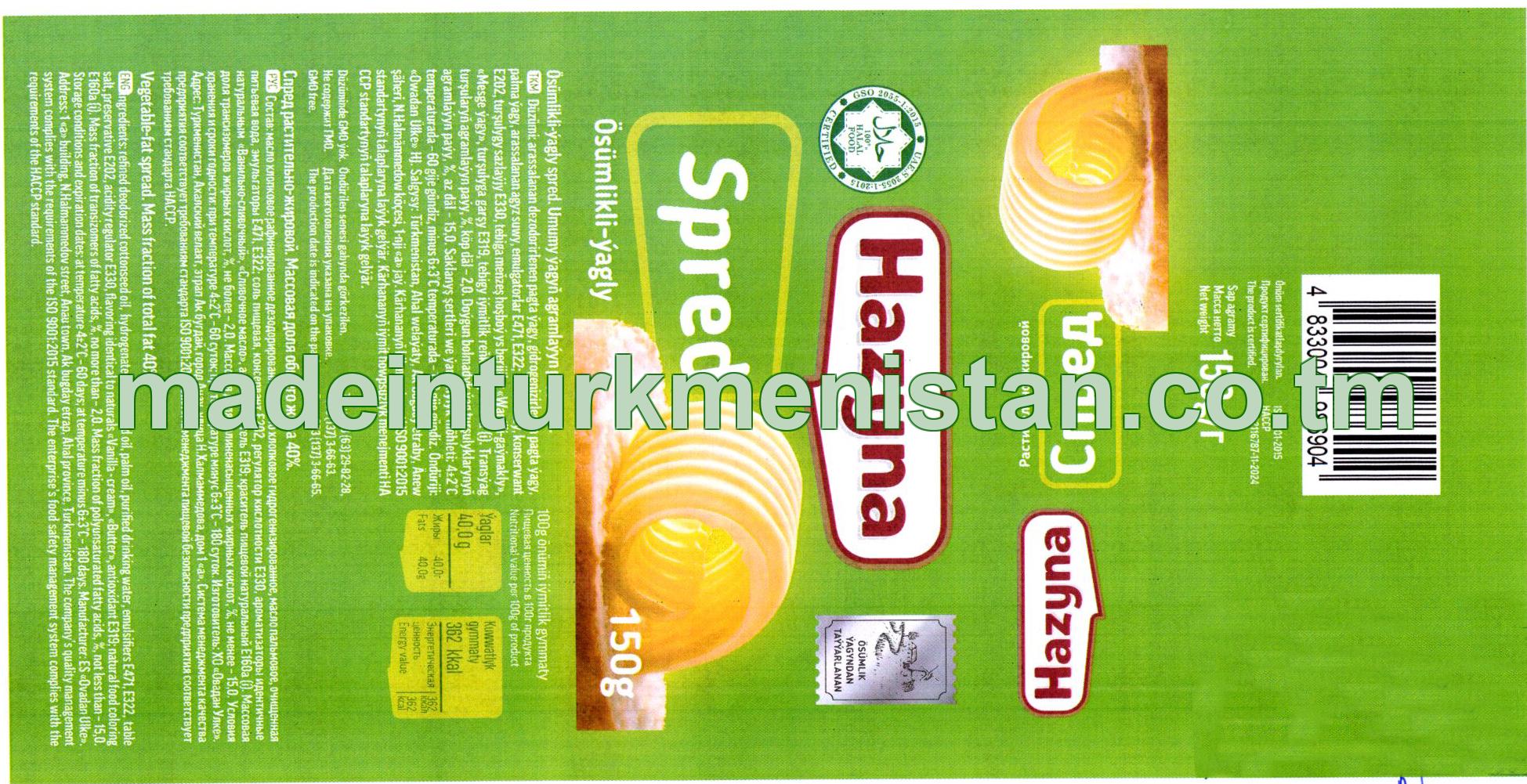 Ösümlikli-ýagly spred. Umumy ýagyň agramlaýyn paýy 40%