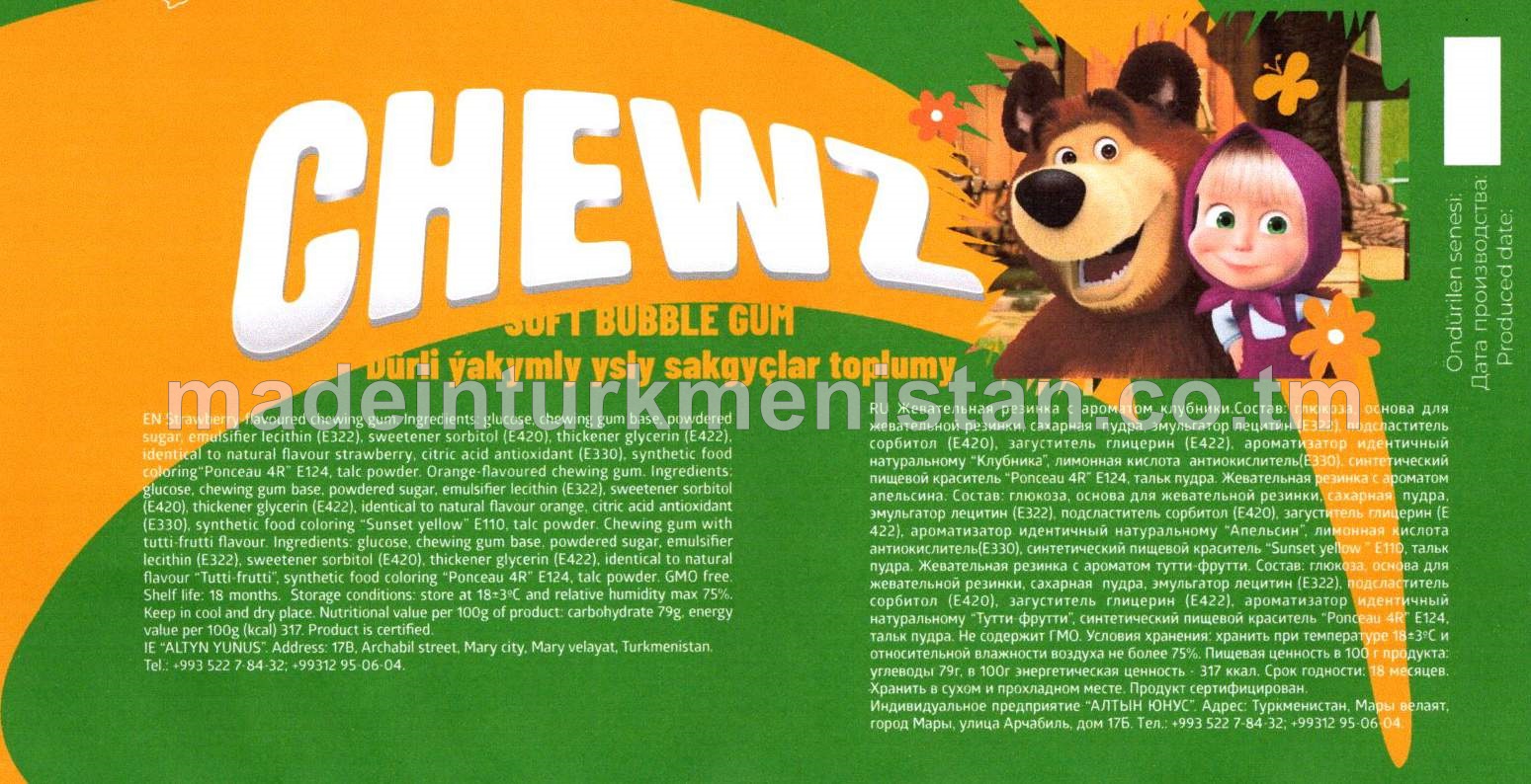 "chewz" Dürli ýakymly ysly sakgyçlar toplumy (ýertudana, pyrtykal, tutti-frutti) (5x3,5g)
