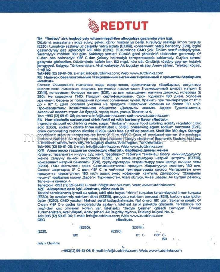 "REDTUT" zirk hoşboý ysly witaminleşdirilen alkogolsyz gazlandyrylan içgi