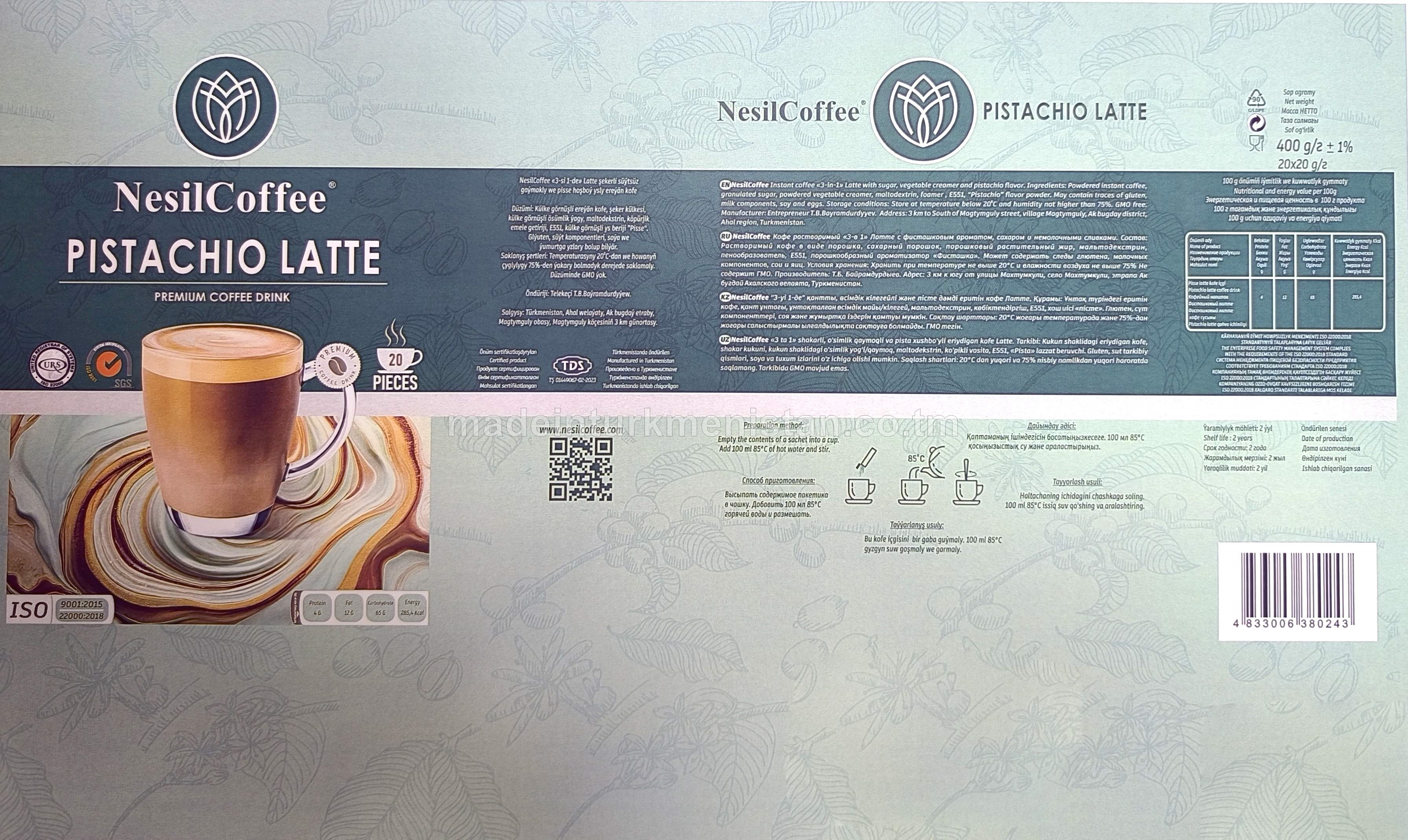 NesilCoffee "3-si 1-de" Latte şekerli süýtsüz gaýmakly we pisse hoşboý ysly ereýän kofe (20 sany x 20g)