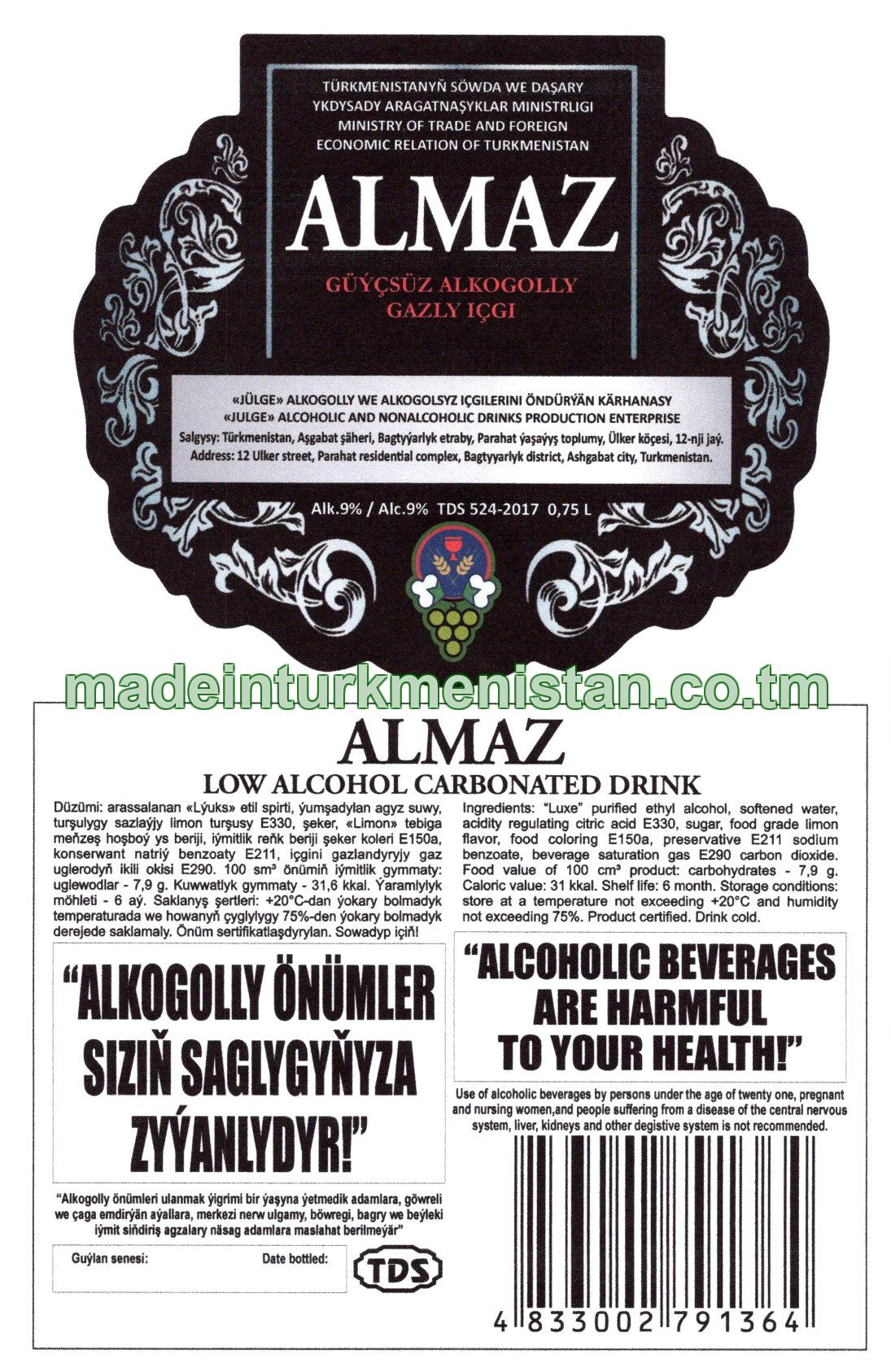 "Almaz" güýçsüz alkogolly gazly içgi. Alk: 9%