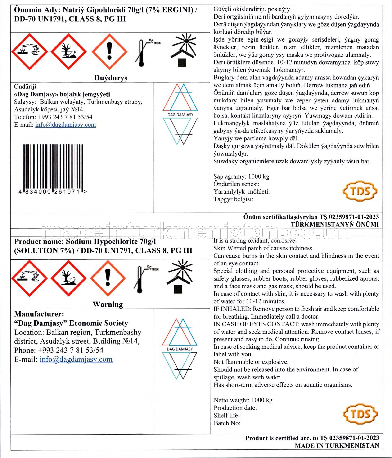 Natriý gipohloridi 70g/l (7% ergini)/DD-70 UN1791, CLASS 8 PG III