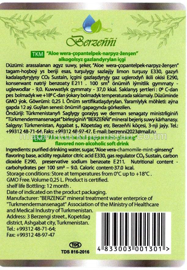 "Aloe wera-çopantelpek-narpyz-ženşen" alkogolsyz gazlandyrylan içgi