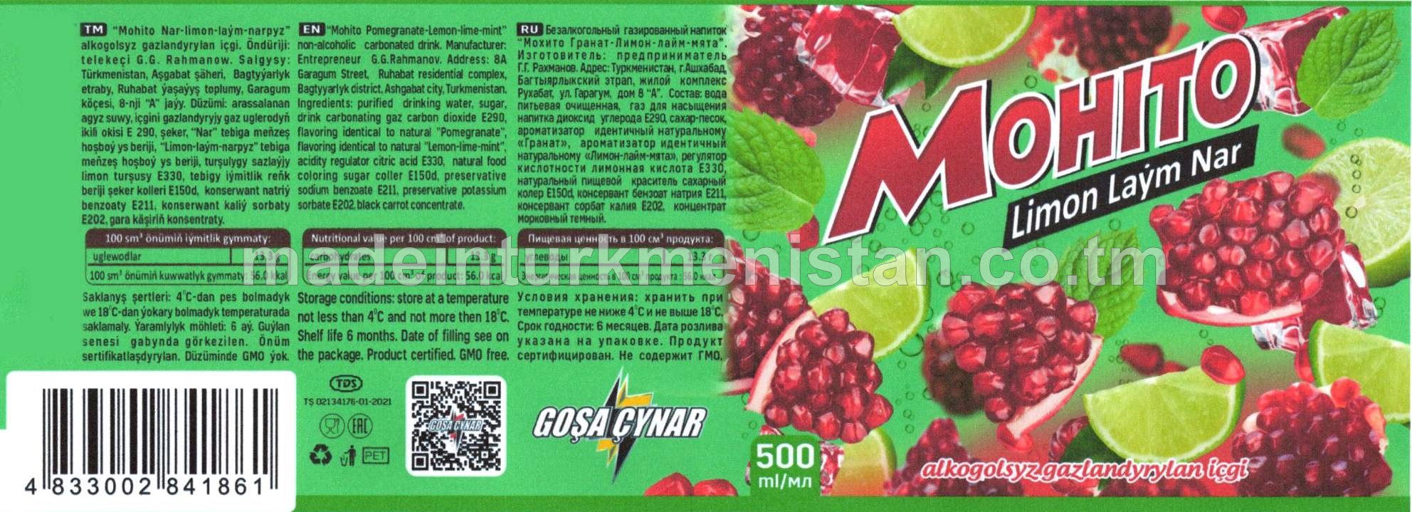 “Mohito Nar-limon-laým-narpyz" alkogolsyz gazlandyrylan içgi