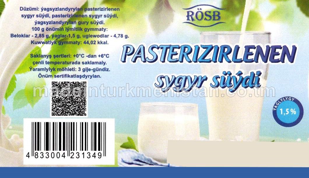 Pasterizirlenen sygyr süýdi. Ýaglygy 1,5% (guýma)