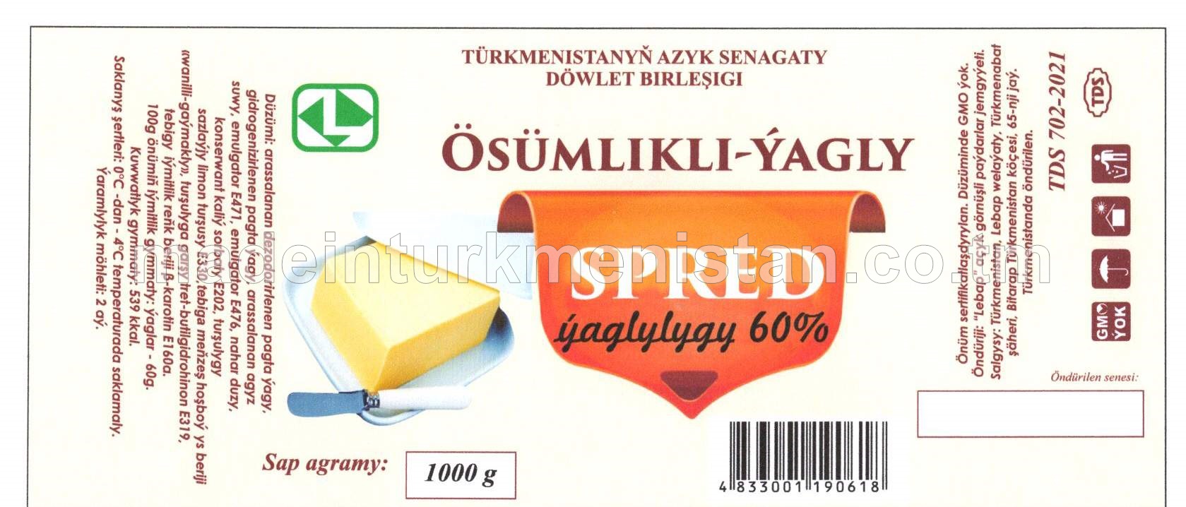 Ösümlikli-ýagly spred. Ýaglylygy 60%