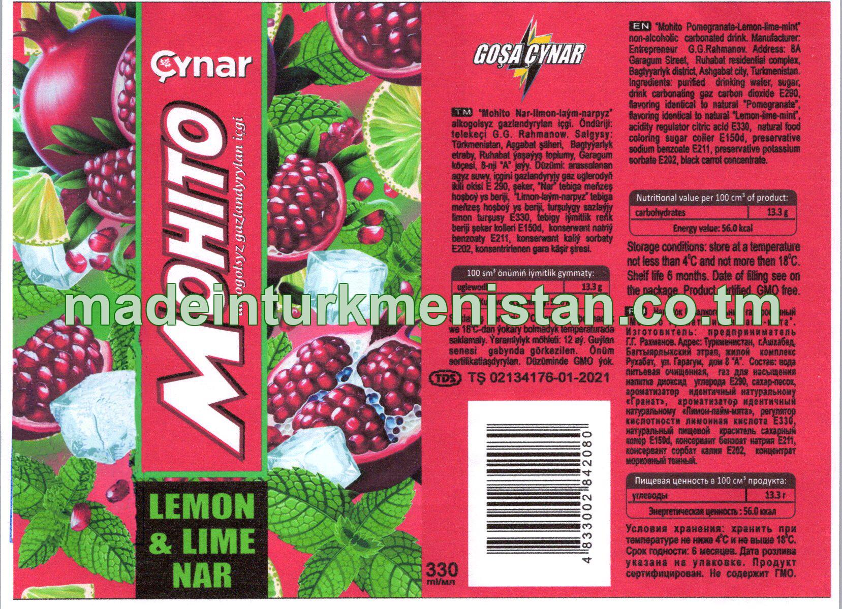 “Mohito Nar-limon-laým-narpyz” alkogolsyz gazlandyrylan içgi