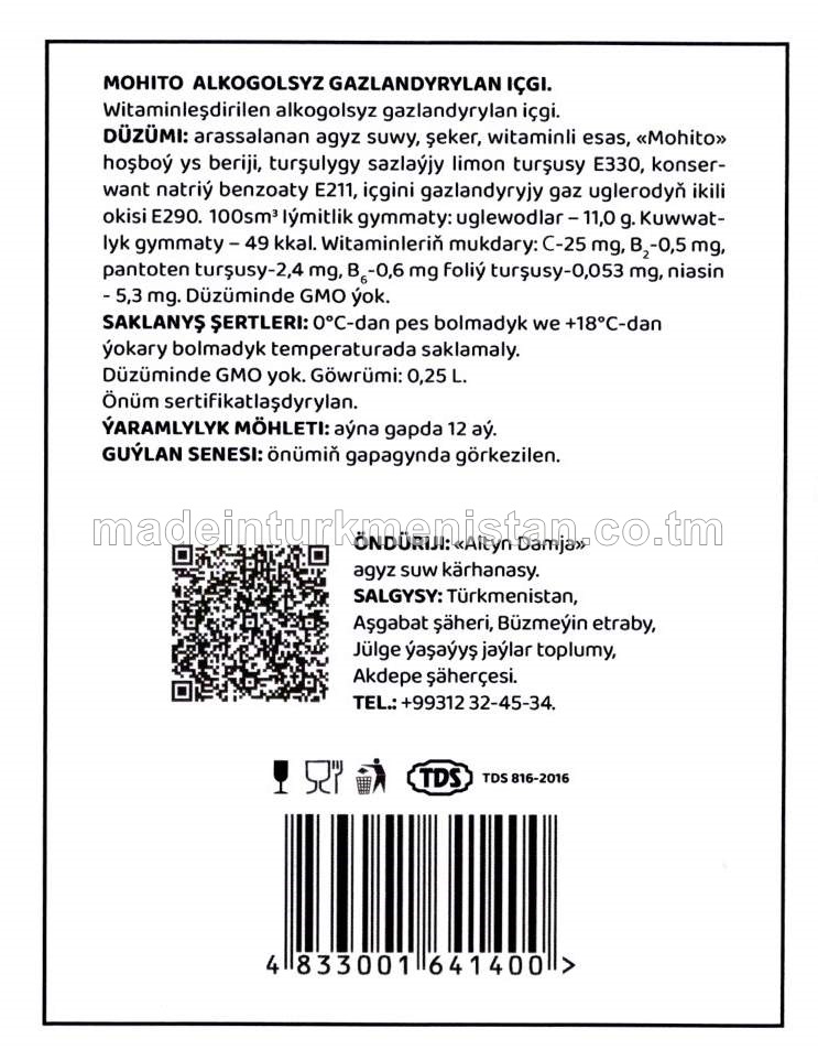 Mohito alkogolsyz gazlandyrylan içgi