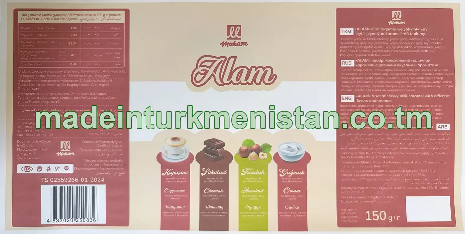 "Alam" dürli tagamly we ýakymly ysly süýtli çeýnelýän karamel toplumy (Kapuçino ýakymly ysly, Şokolad tagamly, Funduk tagamly, Gaýmak ýakymly ysly çeýnelýän karamel)