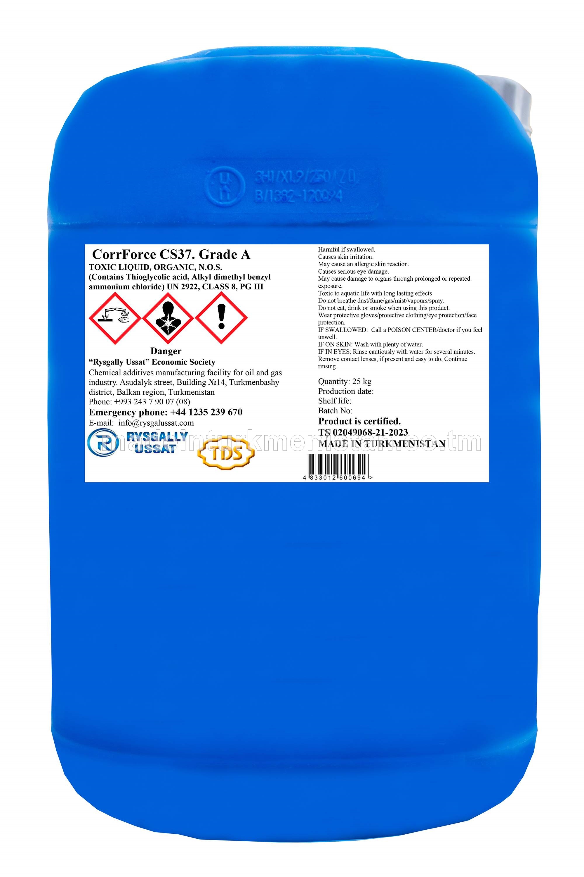 CorrForce CS37. Grade A. Suwda Ereýän Poslamany Ingibitory. Zäherli suwuklyk. ORGANIK (Tiýoglikol kislotasy, alkil dimetil benzil ammiak hloridi öz içine alýar)