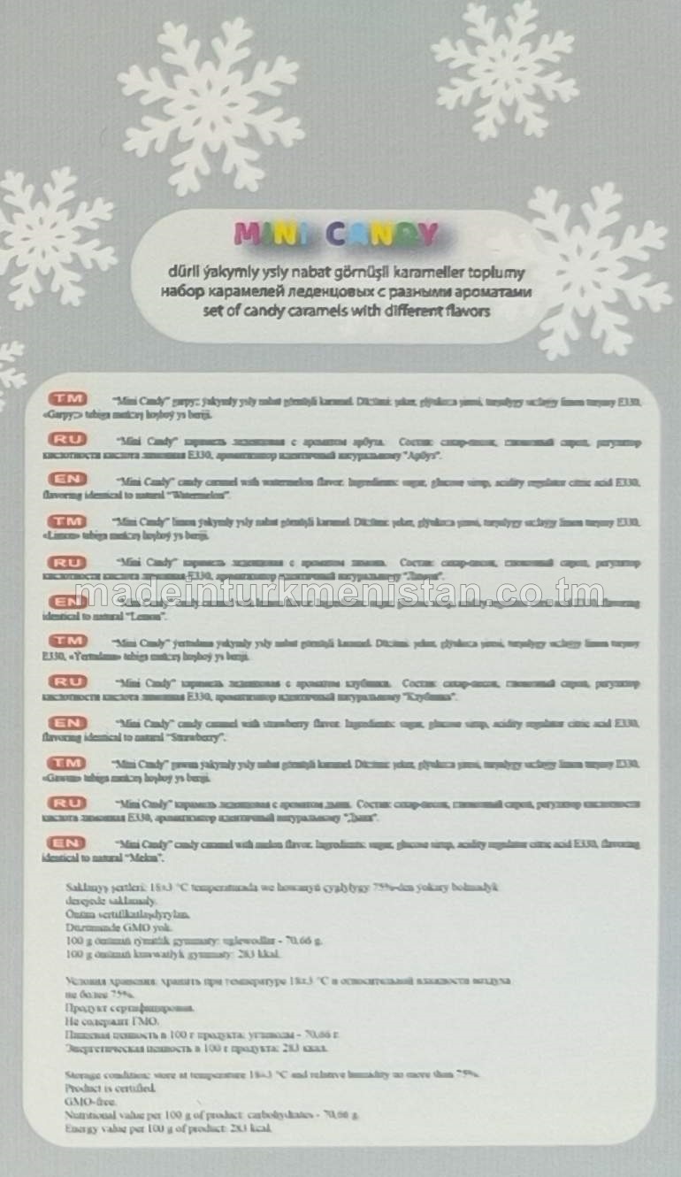 "Mini candy fruity Kindiwan" dürli ýakymly ysly nabat görnüşli karameller toplumy (garpyz, limon, ýertudana, gawun)