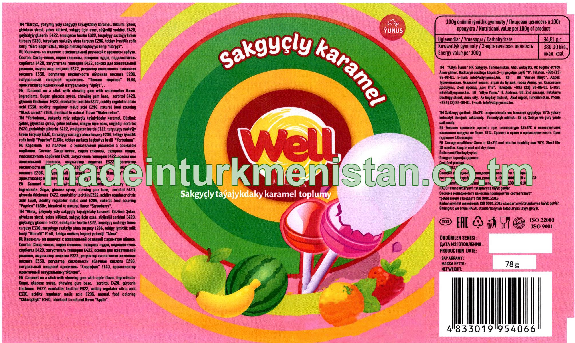 "Well" sakgyçly taýajykdaky karamel toplumy (garpyz, ýertudana, alma)