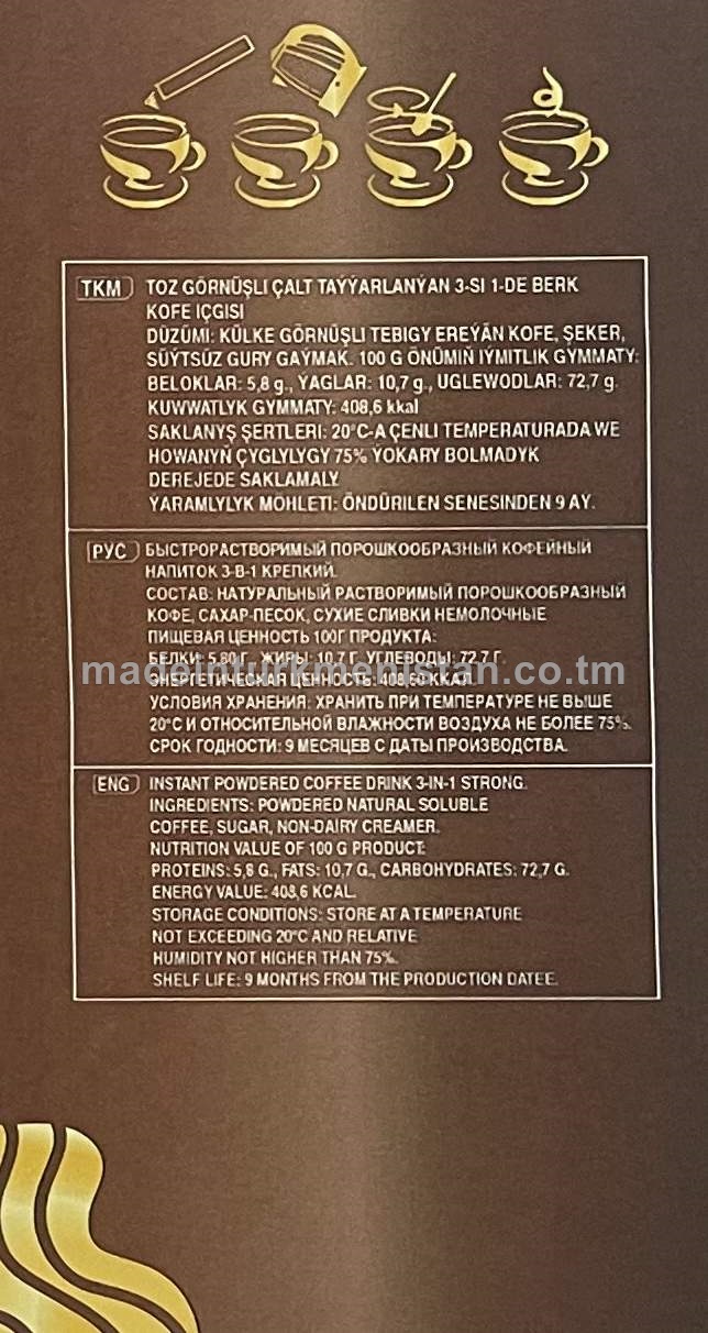 Toz görnüşi çalt taýýarlanylýan 3-si 1-de berk kofe içgisi(16g*30sany)