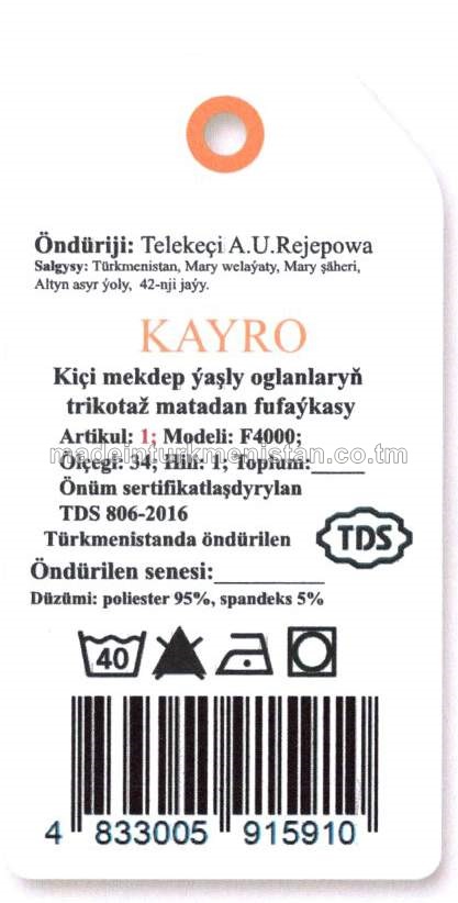 Kiçi mekdep ýaşly oglanlaryň trikotaž matadan fufaýkasy, modeli: F4000, artikul: 1, ölçegi: 34