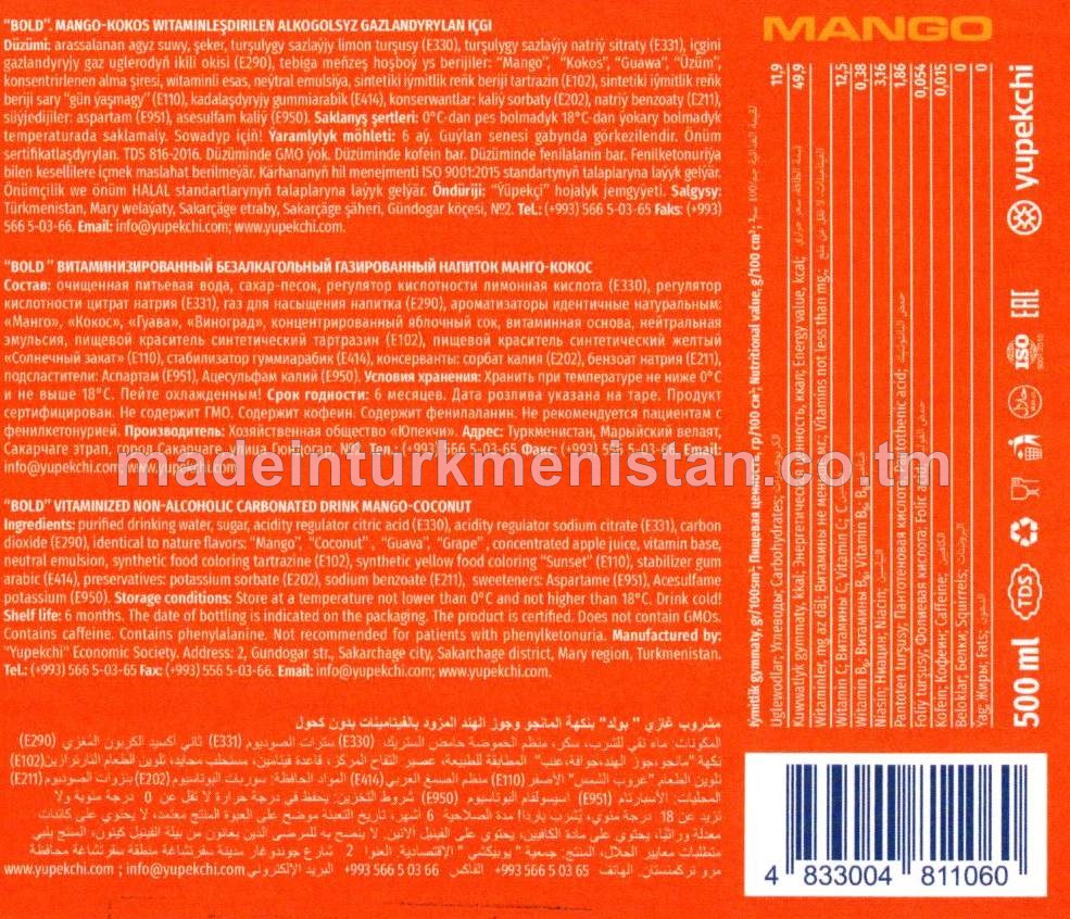 Mango-kokos witaminleşdirilen alkogolsyz gazlandyrylan içgi