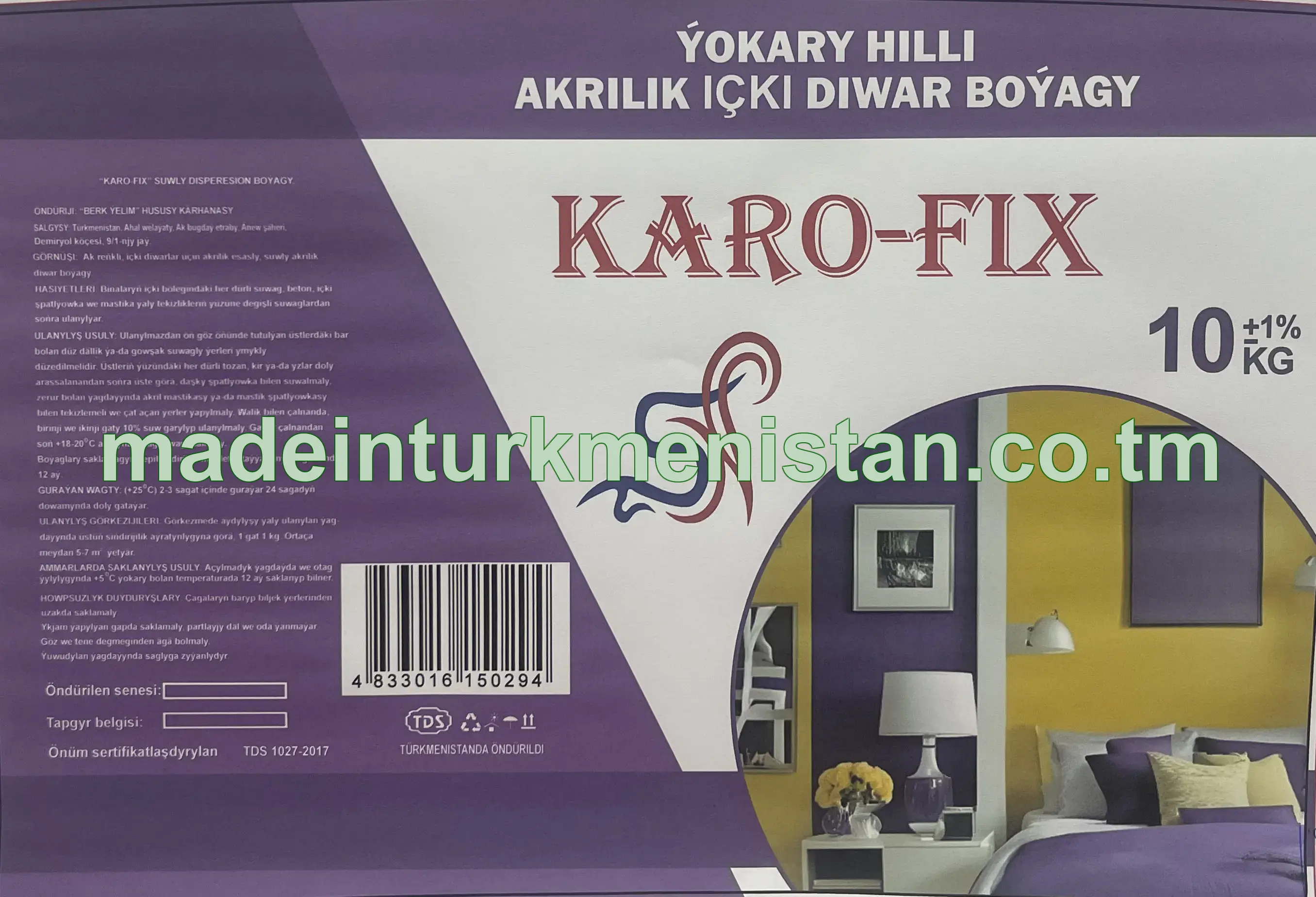 "Karo-Fix"  suwly dispersion boýagy,ak reňkli (ýokary hilli içki diwar boýagy) 