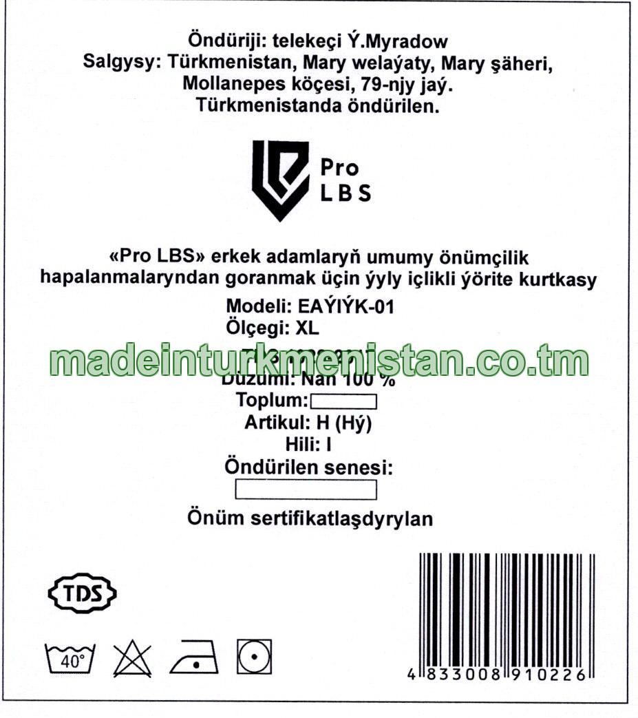 «Pro LBS» erkek adamlaryň umumy önümçilik hapalanmalaryndan goranmak üçin ýyly içlikli ýörite kurtkasy. Modeli: EAÝIÝK-01, ölçegi: XL, artikul: H (Hý), Hili: I