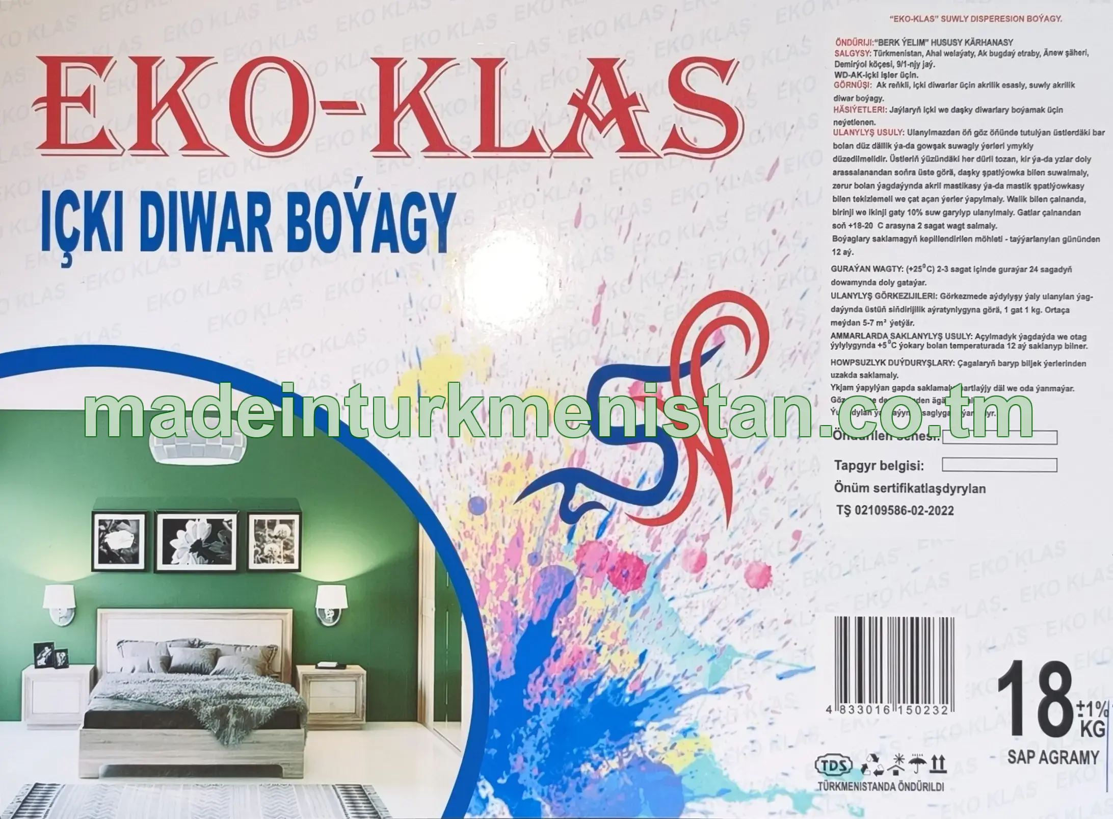 "Eko-Klas" suwly dispersion boýagy, ak reňkli, WD-AK (içki diwar boýagy)