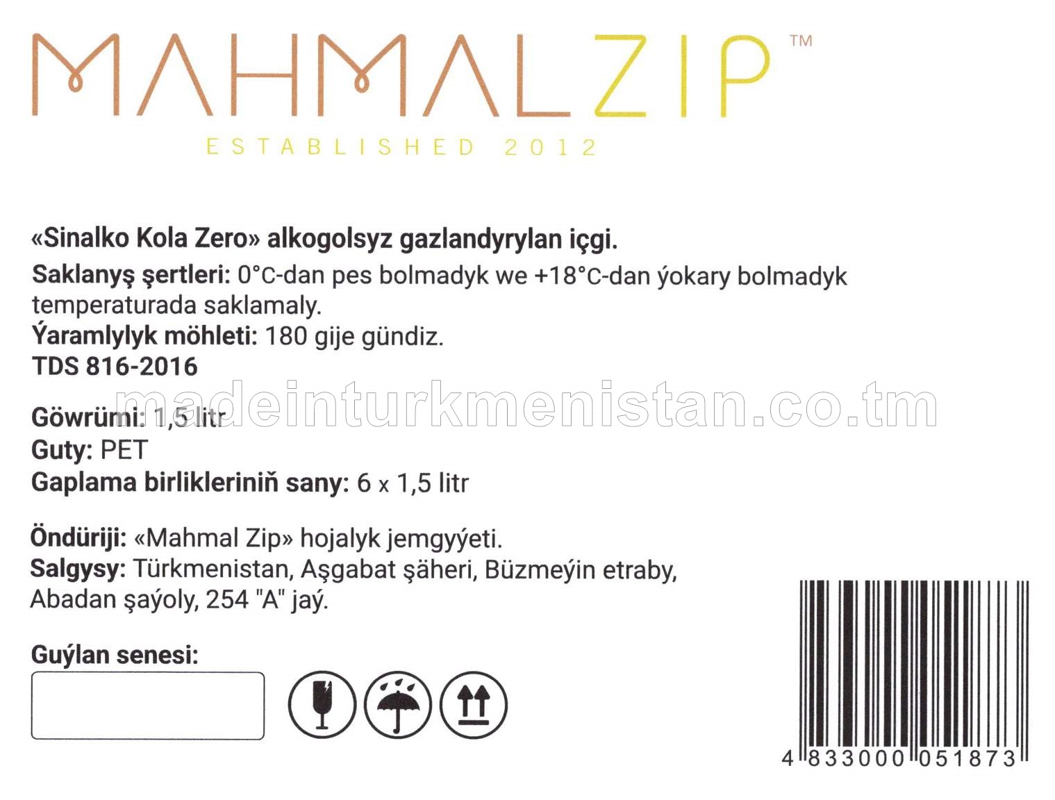 "Sinalko Kola Zero" alkogolsyz gazlandyrylan içgi (1.5L)