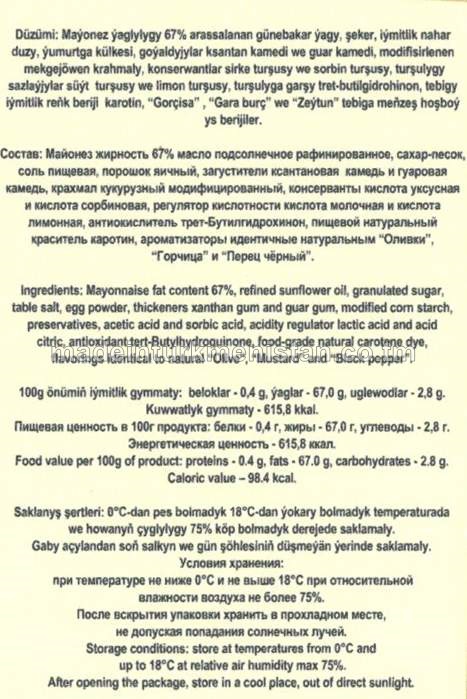 Maýonez zeýtunly ýaglylygy 67%