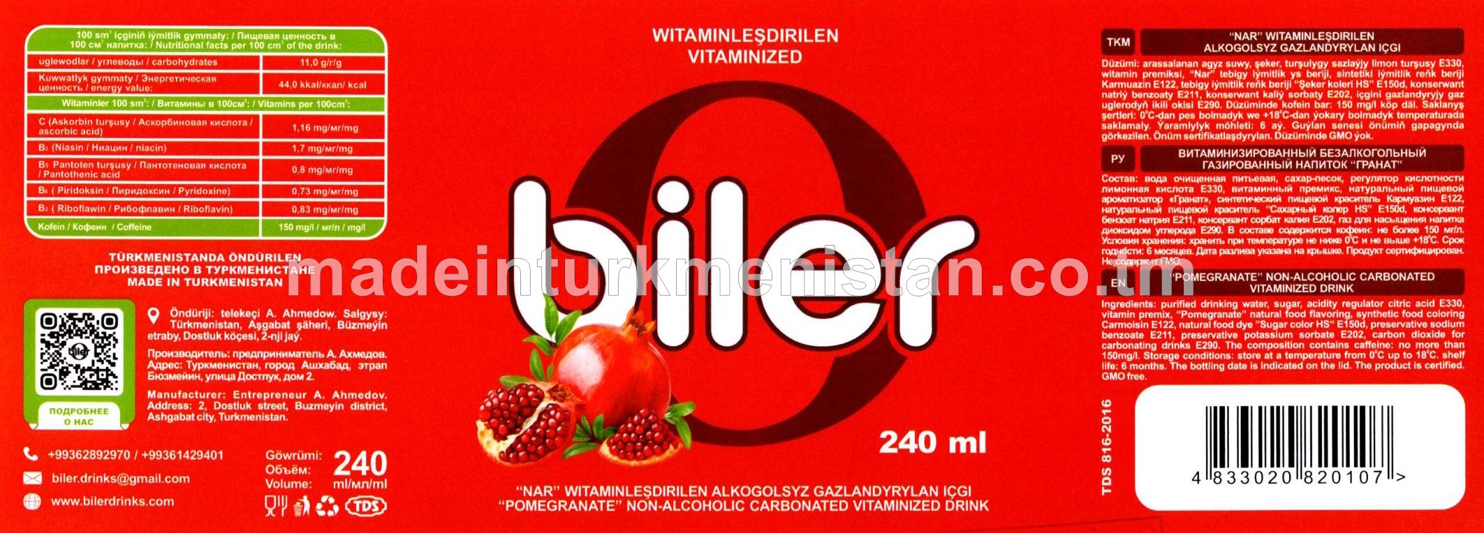 Nar witaminleşdirilen alkogolsyz gazlandyrylan içgi