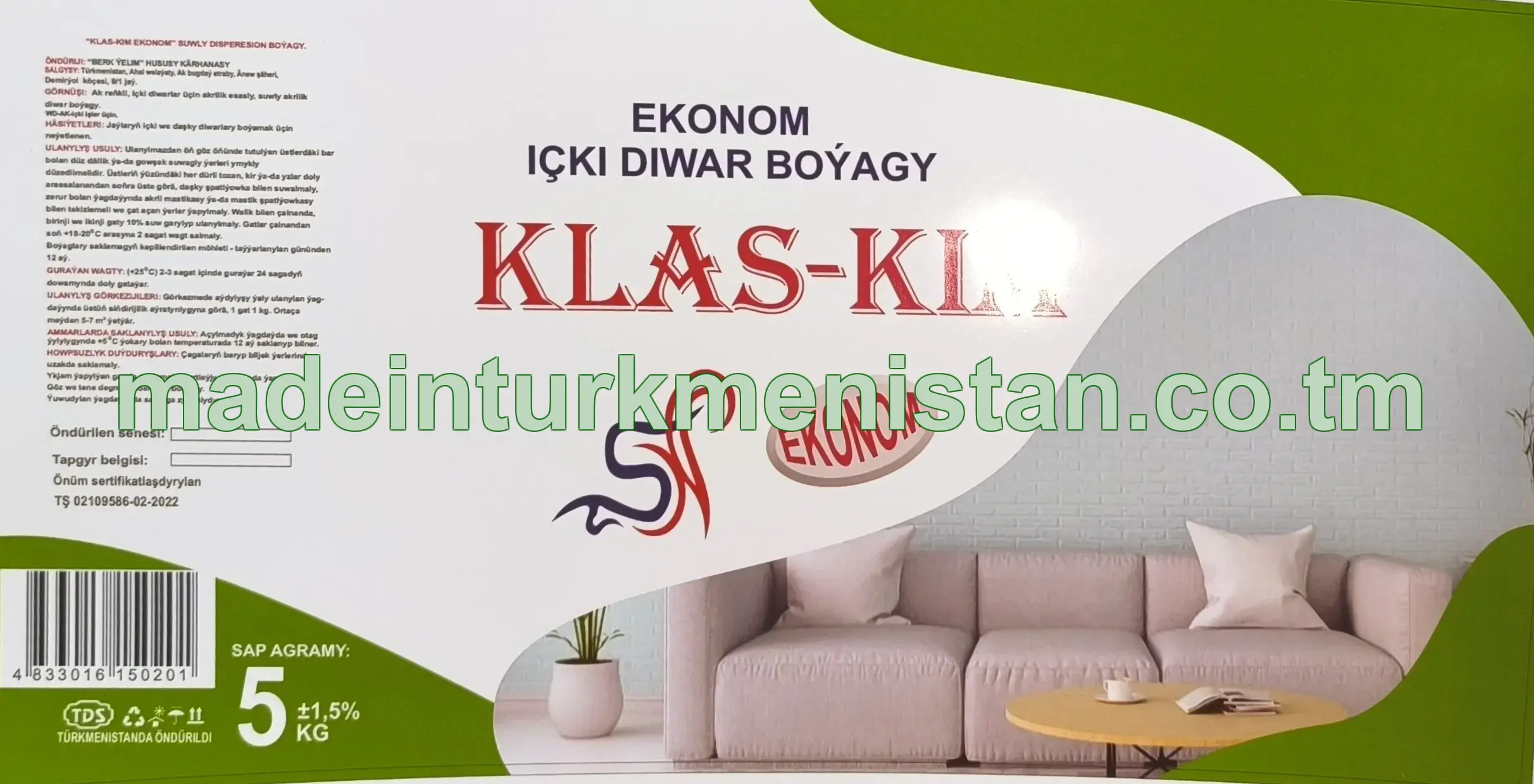 "Klas-Kim" Ekonom suwly dispersion boýagy, ak reňkli, WD-AK (içki diwar boýagy) 