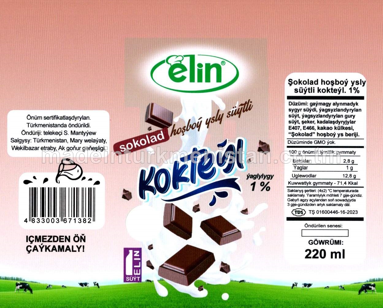 Şokolad hoşboý ysly süýtli kokteýl. Ýaglylygy 1%