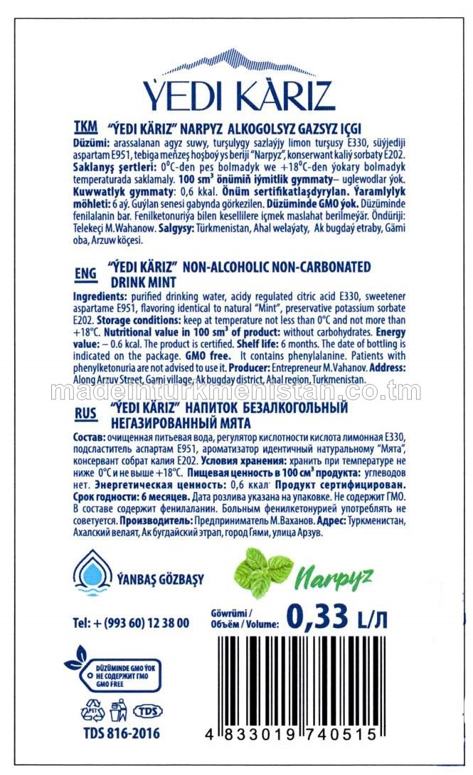 ÝEDI KÄRIZ NARPYZ  ALKOGOLSYZ GAZSYZ IÇGI