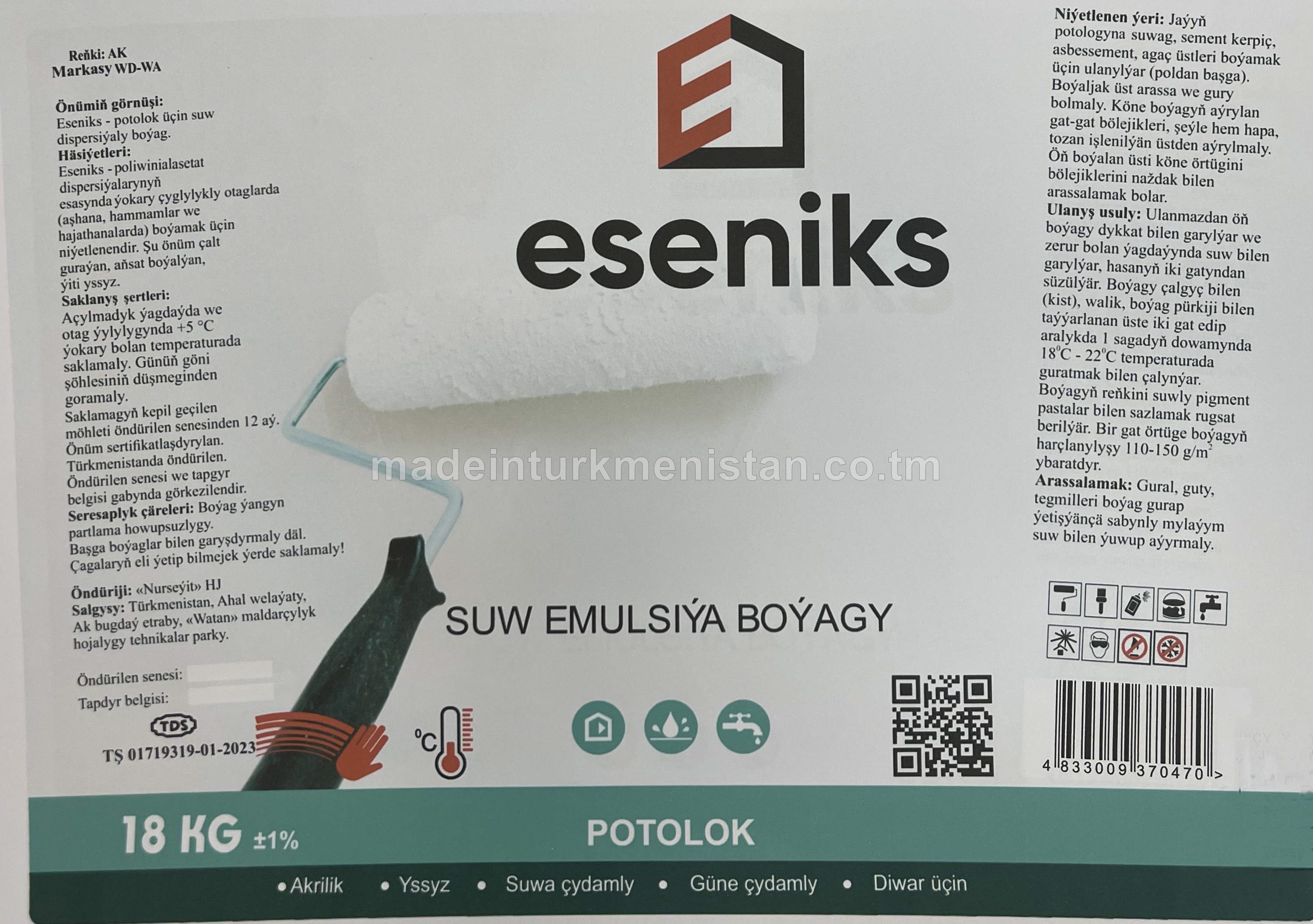 Suw emulsiýa boýagy potolok üçin. Markasy WD-WA-224. Reňk: Ak